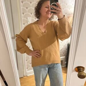 Tibi Merino Wool V-neck Puff Sleeve Sweater - Carmel